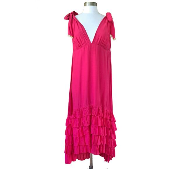 SUNDRESS Maggie Fuchsia Pink Midi Maxi Dress Large Deep V Ruffle Hem Cotton Silk - Picture 2 of 12